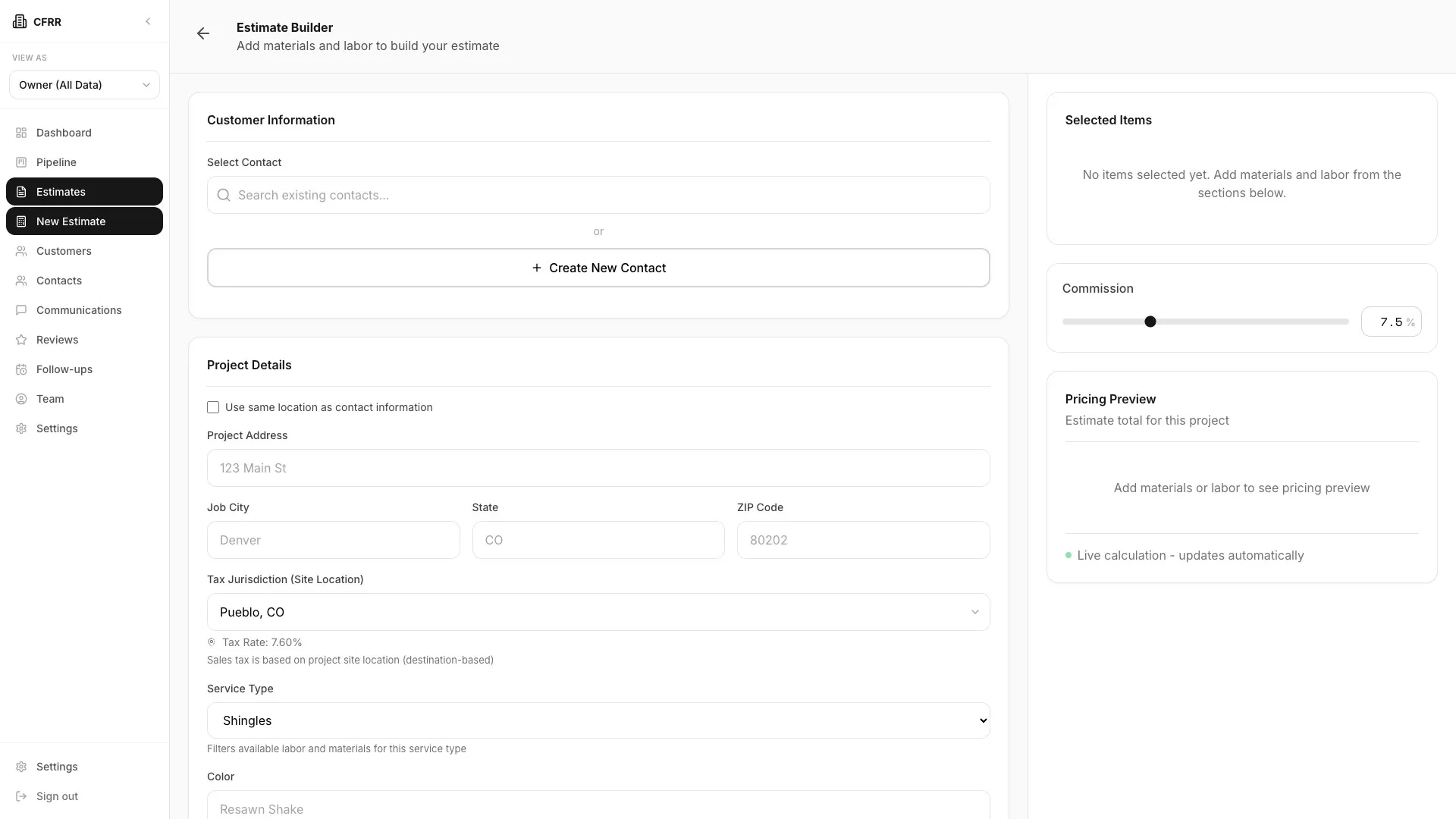 RoofOS custom estimator for Colorado Front Range Roofing