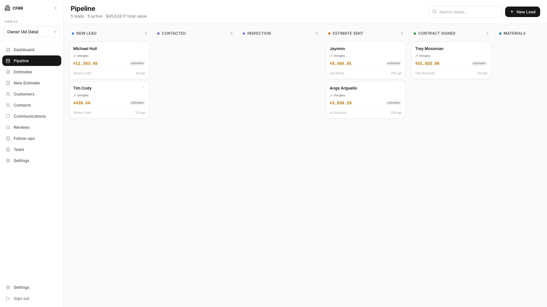 RoofOS CRM pipeline for Colorado Front Range Roofing